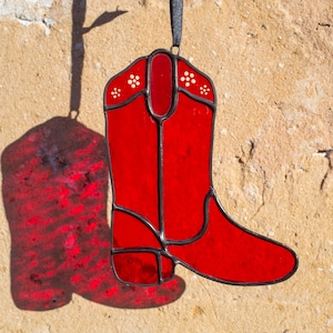 Stained Glass Red Cowboy Boot Suncatcher