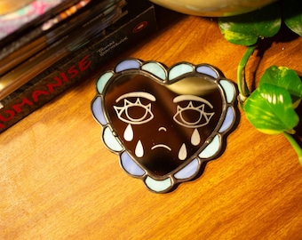Blue Cry Baby Stained Glass Heart- Ring Dish/Mini Mirror