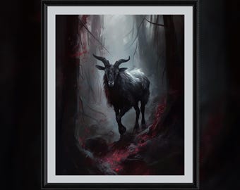 May include: A black goat with horns stands in a dark, foggy forest. The ground is covered in red leaves.