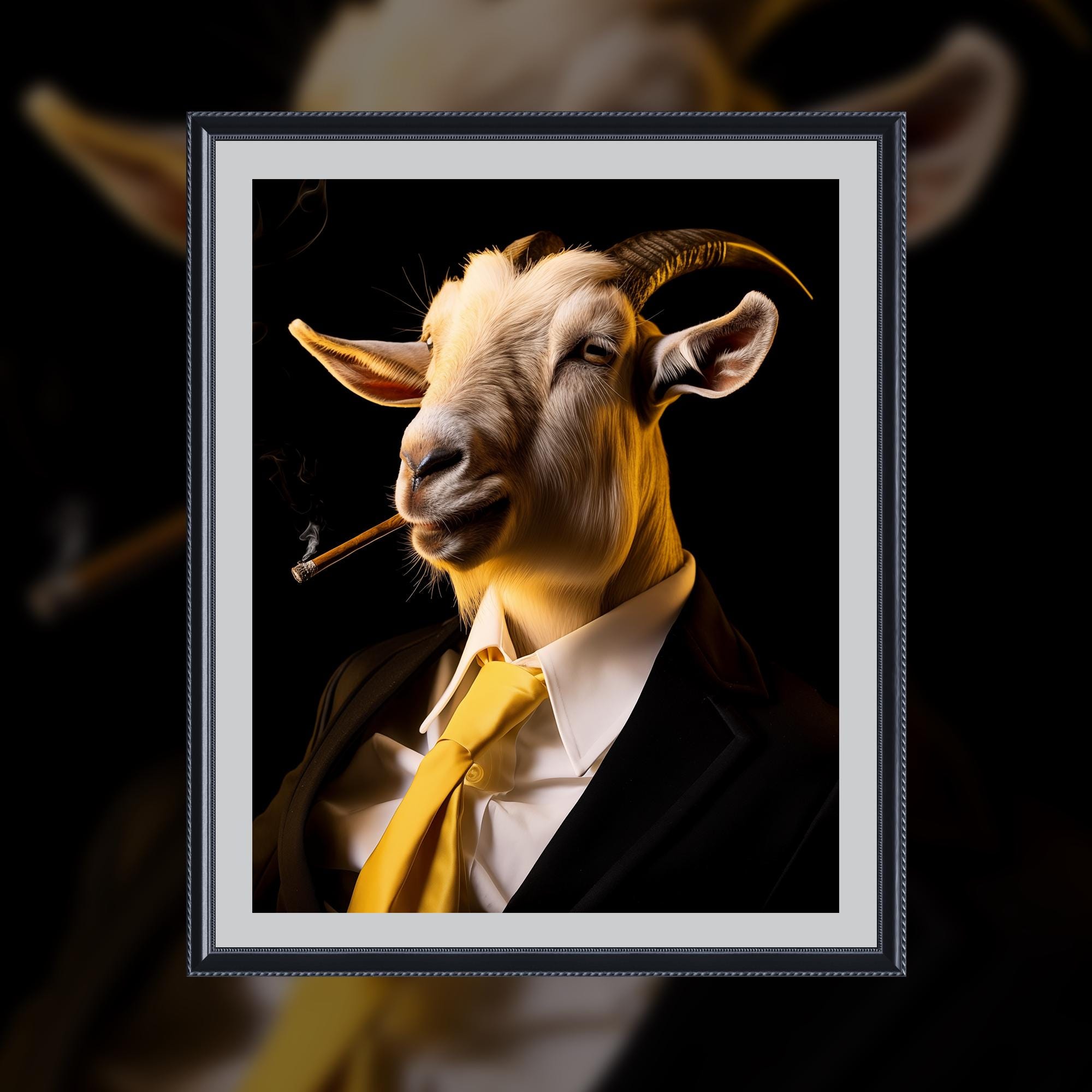 Goat Smoking a Cigar Art Print - Animal Portrait Poster for Home Decor