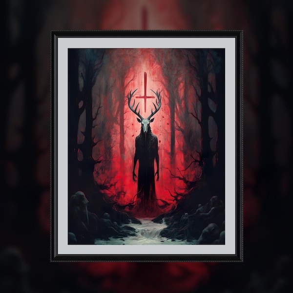 Baphomet in Forest Art Print - Gothic Occult Poster for Home Decor