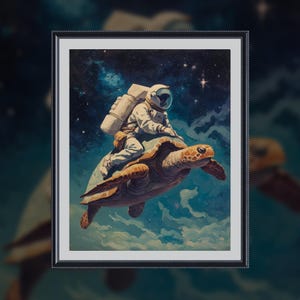 Astronaut Riding Sea Turtle Art Print - Surrealism Poster for Home Decor
