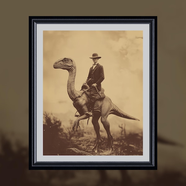 Lámina artística de vaquero montando dinosaurio: póster de fantasía del oeste único para decoración del hogar