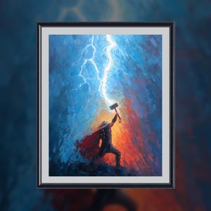 May include: A painting of a superhero wielding a hammer, standing in front of a blue and orange sky with lightning bolts.