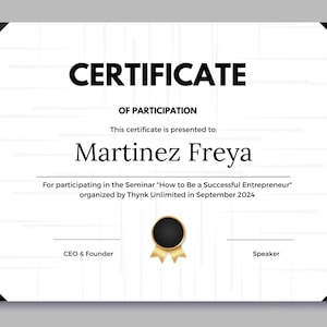 CERTIFICATE TEMPLATE | Custom Seminar Award | Elegant Event Award | Participation Award | Modern Editable Event Certificate Award