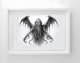 Cthulhu sketch Art Print, Eldritch Terror Lovecraftian Printable Wall Art Digital Art Decor