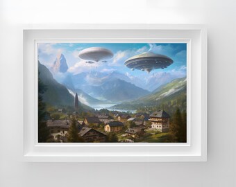 An UFO mothership above a picturesque alp village Art Print, Printable Wall Art Digital Art Decor