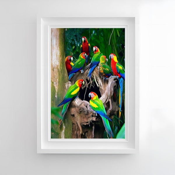 Exotic birds in tropical rain forest Art Print, Printable Wall Art Digital Art Decor