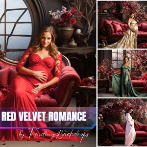 Luxueux décors numériques romantiques en velours rouge, décors de canapé royal, décors numériques de maternité, décors de studio de superpositions de maternité rouge