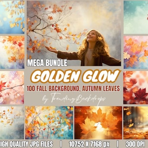 May include: A digital collage of 100 fall-themed backgrounds featuring autumn leaves in various shades of red, orange, and yellow. The backgrounds are perfect for creating digital art, scrapbooking, or adding a touch of autumn to your designs.  The text "MEGA BUNDLE GOLDEN GLOW 100 FALL BACKGROUND, AUTUMN LEAVES by Trending Backdrops HIGH QUALITY JPG FILES | 10752 X 7168 px | 300 DPI" is displayed at the bottom of the collage.