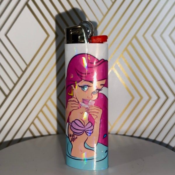 Smoking High mermaid Lighter, Custom Lighter Wraps, Little Mermaid, Ariel, 420