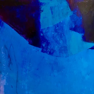 Pintura original, acrílico abstracto azul y pastel al óleo, 24&quot;x24&quot;, “Merde, il Pleut” 2023.