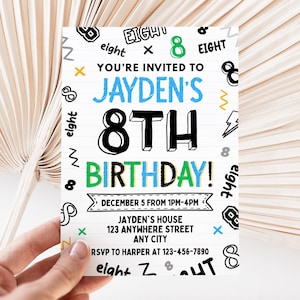May include: A white invitation card for Jayden's 8th birthday, held on December 5th. The design includes the text "You're invited to Jayden's 8th Birthday!" in blue, black, and green, with decorative doodles.