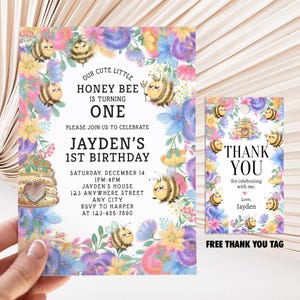 Bee Birthday Invitation, Free Thank You Tag, Editable Canva Template, Digital Download