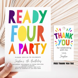 Ready Four A Party uitnodiging voor een 4e verjaardag, inclusief gratis bedankkaartje, kleurrijke feestuitnodiging, bewerkbare Canva-sjabloon, digitale download.