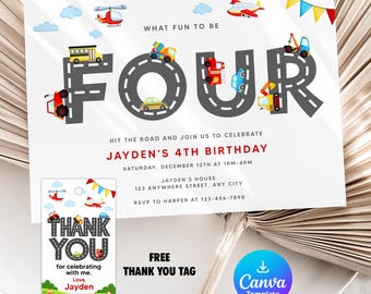Transportation 4th Birthday Invitation, Free Thank You Tag, Vehicle Party Invite, Editable Canva Template, Digital Download