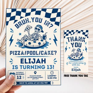 Pool Party Skeleton Birthday Invitation, Free Thank You Tag, Bruh You In? Pool Party Invite, Editable Canva Template, Digital Download
