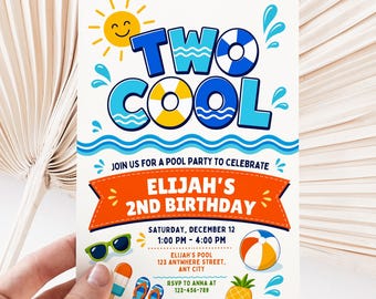 Two Cool 2nd Pool Party Birthday Invitation, Editable Canva Template, Digital Download