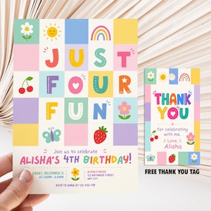 Just Four Fun 4th Birthday Invitation, Free Thank You Tag, Colorful Kids Party Invite, Editable Canva Template, Digital Download