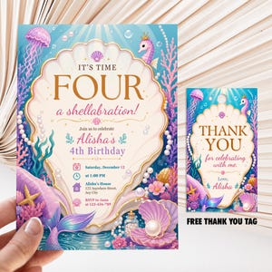 Under the Sea 4th Birthday Invitation, Free Thank You Tag, It's Time Four a Shellabration Invite, Editable Canva Template, Digital Download