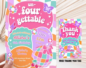 Un-Four-Gettable 4th Birthday Invitation, Free Thank You Tag, Retro Party Invite, Editable Canva Template, Digital Download