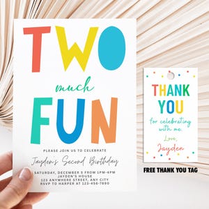 Two Much Fun 2nd Birthday Invitation, Free Thank You Tag, Colorful Kids Party Invite, Editable Canva Template, Digital Download