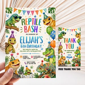 Inbjudan till reptilfödelsedag, gratis tacketikett, redigerbar Canva-mall, inbjudan till reptilfest, digital nedladdning