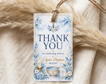 Blue Floral Baptism Thank You Tag Canva Template, Editable 2x3.5 Favor Tag, Printable Blue Theme Favor Tag, Instant Download
