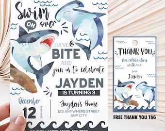 Shark Birthday Invitation, Free Thank You Tag, Editable Canva Template, Digital Download