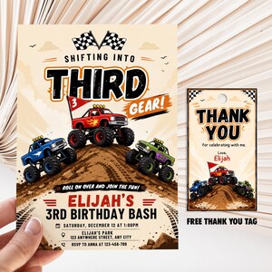 サードギアモンスタートラック3歳の誕生日招待状、無料サンキュータグ、モンスタートラックパーティー招待状、編集可能なCanvaテンプレート、デジタルダウンロード