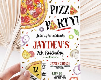 May include: A pizza party invitation with watercolor illustrations of pizza slices, mushrooms, and olives. The invitation reads "PIZZ PARTY!" and includes details for Jayden's 7th birthday, including the date, time, and RSVP information.
