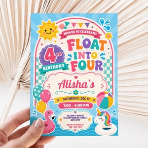 May include: A rectangular birthday invitation card featuring a blue background with a sun, colorful bunting, balloons, a pink flamingo float, and a unicorn float. The text reads: JOIN US TO CELEBRATE! FLOAT INTO FOUR, 4TH BIRTHDAY, Alisha's, SATURDAY, DEC 12, 1:00 - 4:00 PM, ALISHA'S HOUSE 124 ANYWHERE STREET, ANY CITY, RSVP TO ANNA AT 123-456-789.