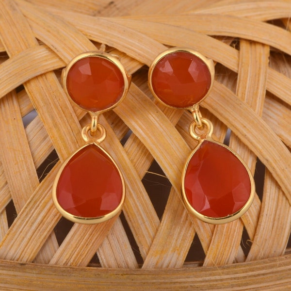 925 Sterling Silver, Elegant Red Onyx Gold Plated Earring, Bohemian Gemstone Jewelry, Unique Dangle Earring, Handmade Gift for Her