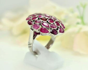 Rose Cut Ruby Sterling Silver Ring: Victorian Floral Cocktail Ring