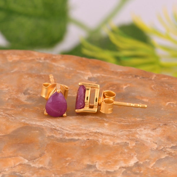 Natural Ruby Stud Earring, 925 Sterling Silver, Handmade Designer, Gold Plated Stud, July Birthstone, Gift For Her