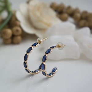 Blue Sapphire Gemstone Hoop Earring, 925 Sterling Silver, 14K Gold Plated, Half Hoops Blue Birthstone Earrings, Gift For Her, Birthday Hoops
