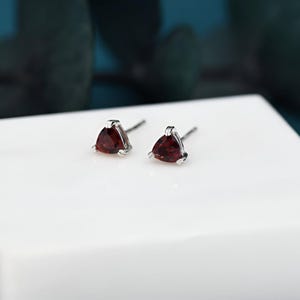 Trilliant Garnet Stud Earrings: 925 Sterling Silver, January Birthstone