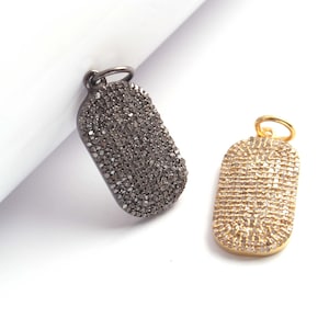 Pave Diamond Dog Tag Pendant: 14K Gold Plated Sterling Silver Charm