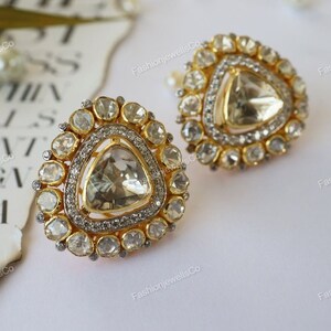 Moissanite Polki Stud Earrings: 925 Sterling Silver, Gold Plated