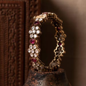 Pink Tourmaline & Rose Cut Moissanite Diamond Bangle/ 925 Sterling Silver/ 14K Gold Platted/ Dainty Victorian Bangle For Wedding/ Gifts Idea
