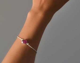 Rose Cut Ruby Bracelet: 925 Sterling Silver Cable Chain, July Birthstone Minimalist Jewelry
