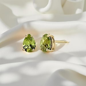 Peridot Stud Earrings: 14K Gold Plated Sterling Silver Pear Cut