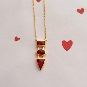 Ruby Pendant Necklace: 925 Sterling Silver, 14k Gold Plated Chain