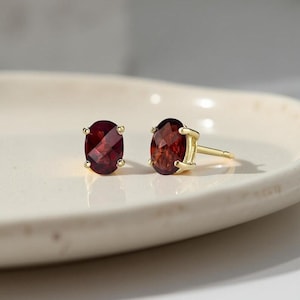 Garnet Stud Earrings 925 Sterling Silver 14K Gold Plated Jewelry Gift for Women Minimalist Birthstone Jewelry