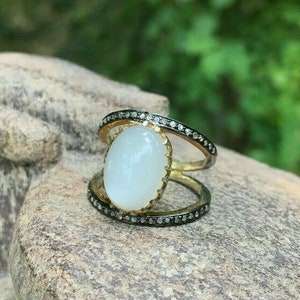 Art Deco Moonstone Ring: Pave Diamond, 925 Sterling Silver, 14K Gold Plated