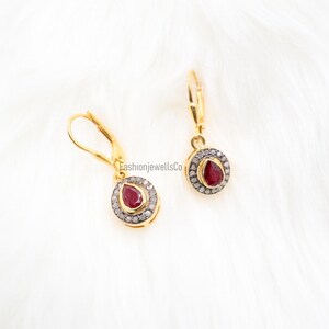 Boucles d'oreilles avec pierre de naissance en rubis véritable/Plaqué or 14 carats/ Boucles d'oreilles en rubis et diamants sertis levier/Argent sterling 925/cadeau pour mère-femme