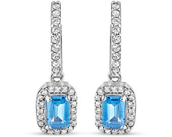 Blue Topaz Moissanite Hoop Earrings: Sterling Silver Dangle Drop