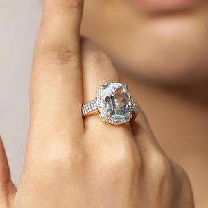 Victorian Aquamarine & Moissanite Ring: 925 Sterling Silver, 14K Gold Plated