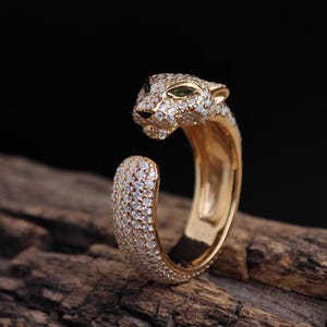 Moissanite Cartier Panther Ring Sterling Silver 925 with 14K Gold Plating Elegant Green Eye Panther Statement Jewelry Gift For Her Him