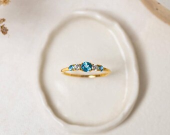 Blue Topaz and AD Diamond Ring, 14K Gold Plated, Sterling Silver